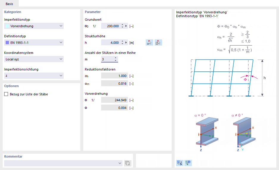 Parameter für Vorverdrehung nach Eurocode 3