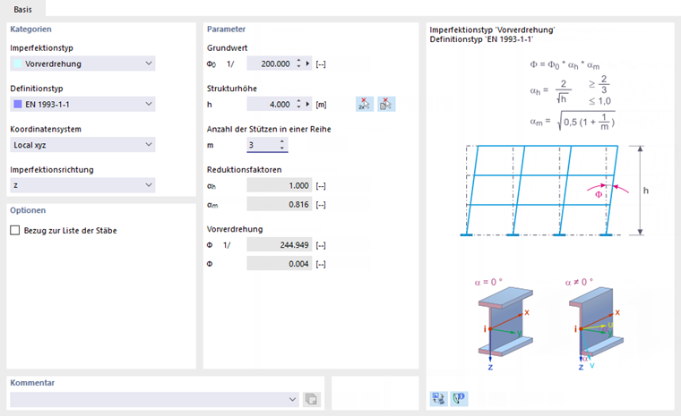 Parameter für Vorverdrehung nach Eurocode 3