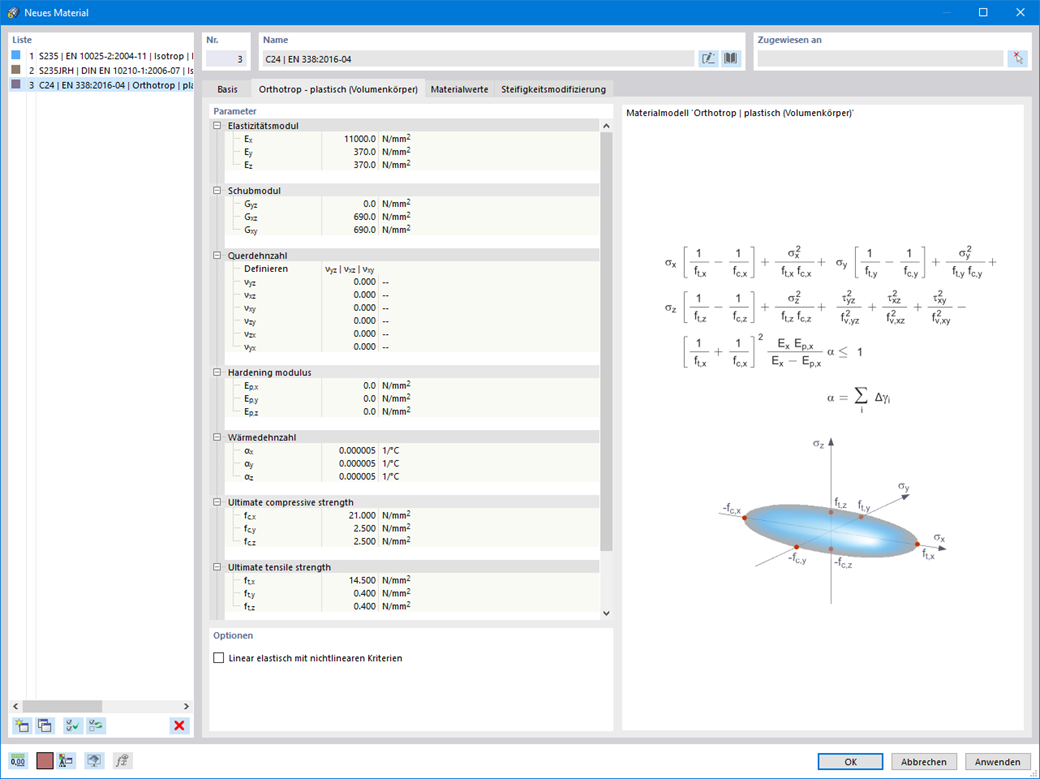 Materialmodell Orthotrop | Plastisch (Volumenkörper)