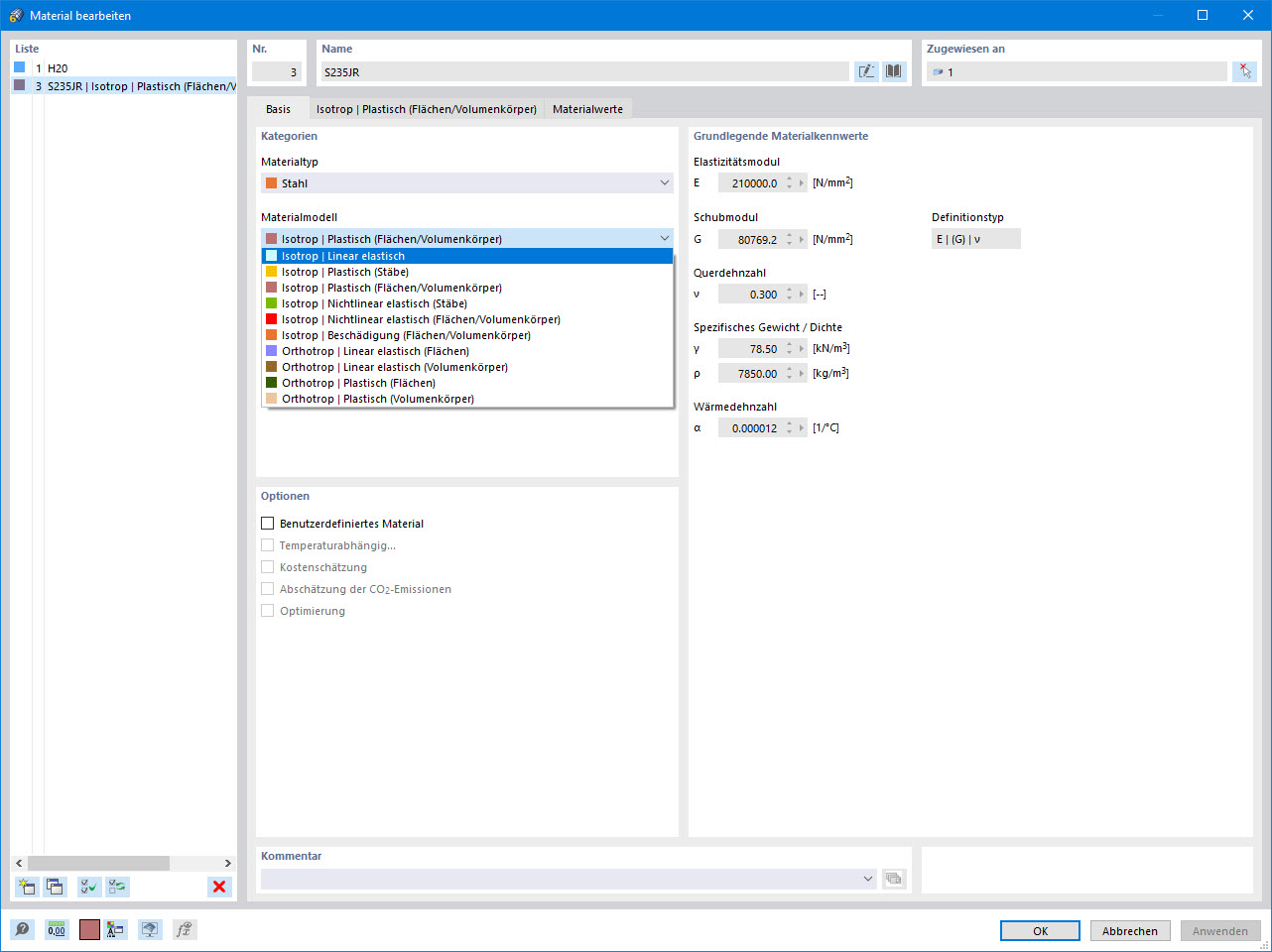 Verfügbare Materialmodelle
