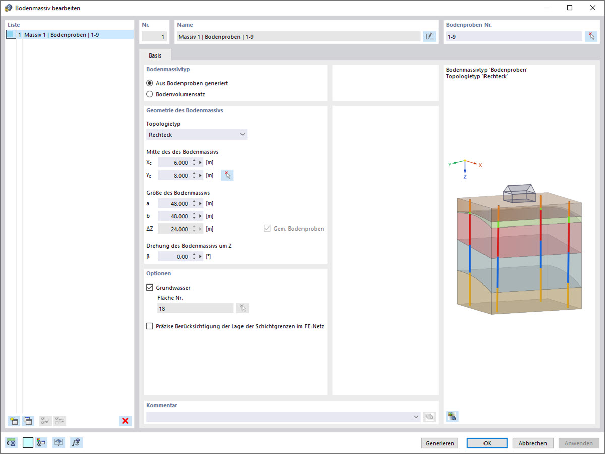 Eingabedialog Bodenmassiv