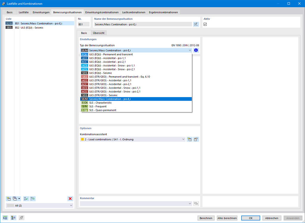 Bemessungssituation für Modalanalyse