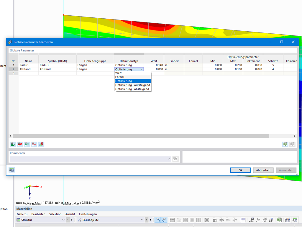 Definition von Parametern für die Optimierung