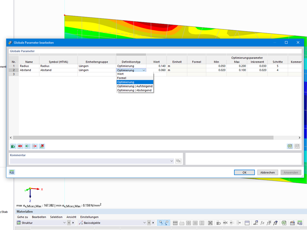 Definition von Parametern für die Optimierung