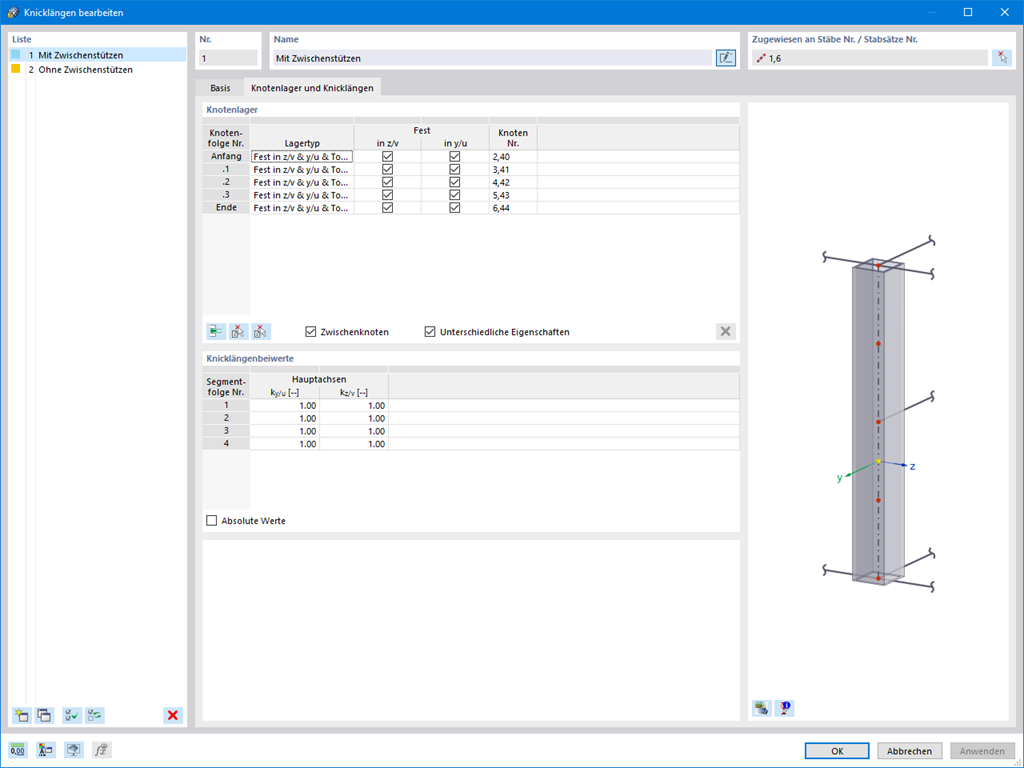 Definition von Knicklängen für den Stabilitätsnachweis in Aluminiumbemessung mit Einstellung von Knotenlagern und Knicklängenbeiwerten.