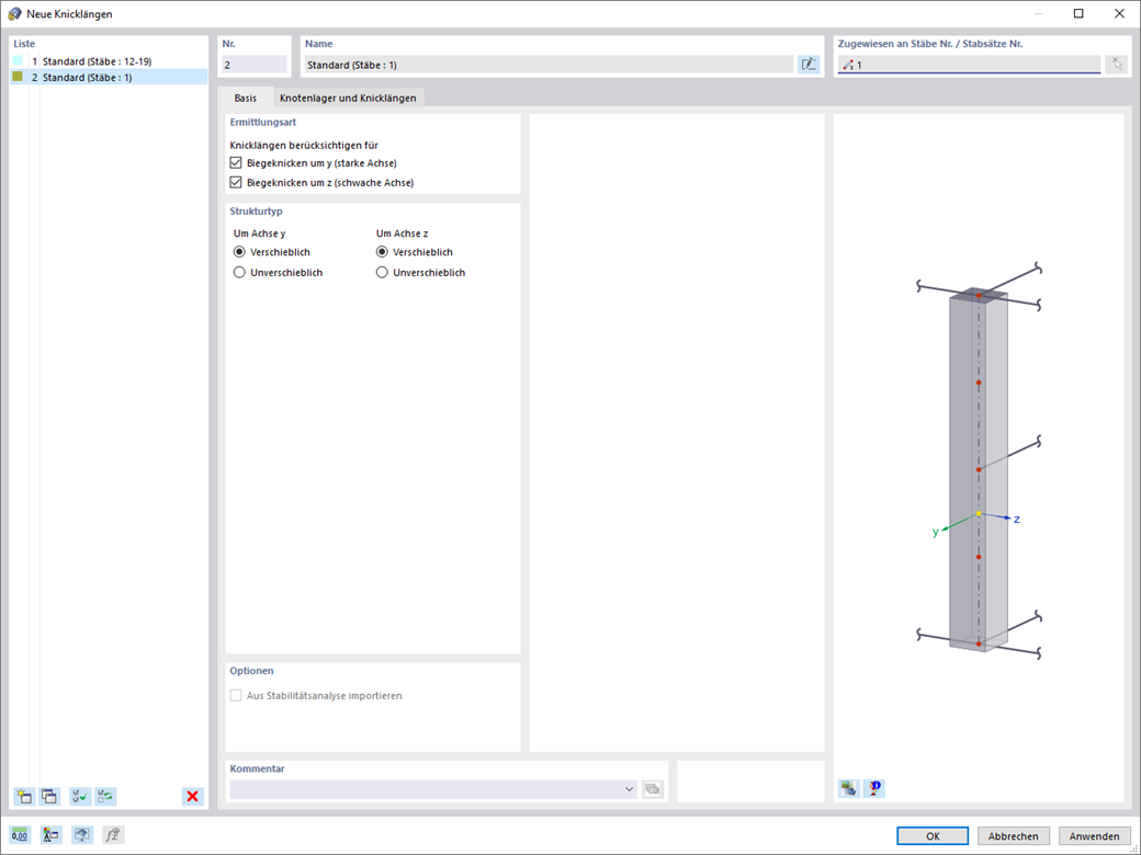 Tabelle zeigt Knicklängen zur Bemessung von Betonstützen in Software. Essentiell für exakte Tragwerksanalysen.