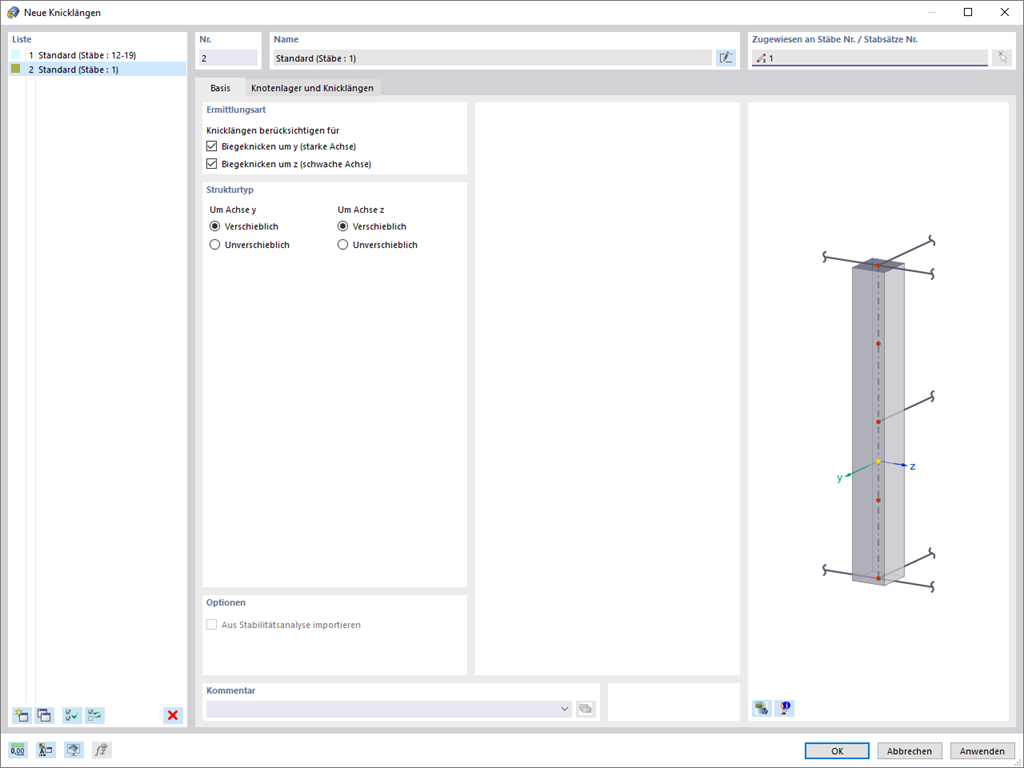 Tabelle zeigt Knicklängen zur Bemessung von Betonstützen in Software. Essentiell für exakte Tragwerksanalysen.