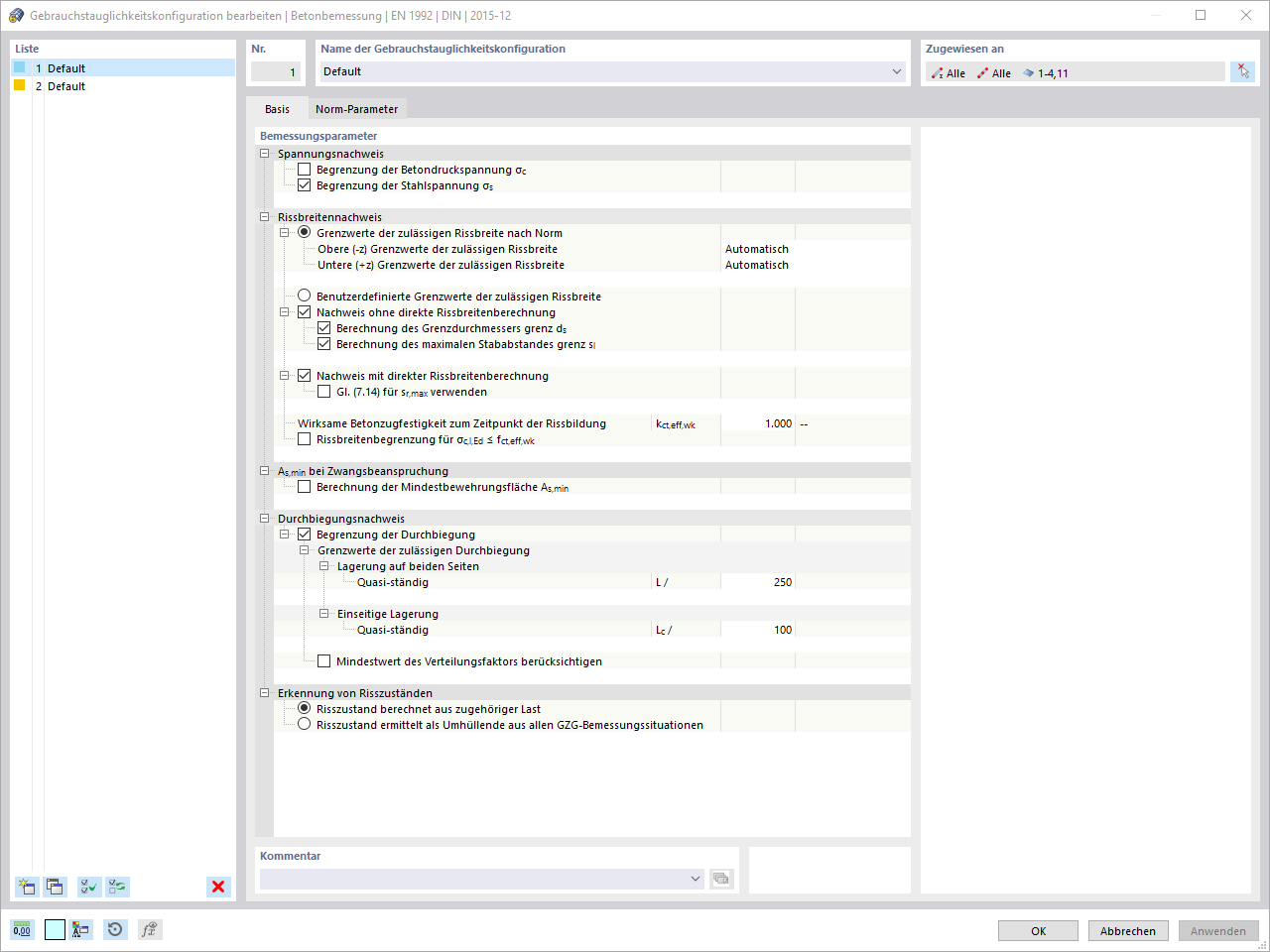 Ansicht der Gebrauchstauglichkeitskonfiguration für Betonverformung in der RFEM 6 Umgebung.
