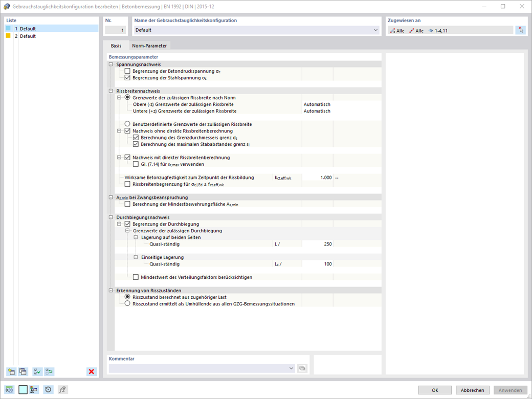 Ansicht der Gebrauchstauglichkeitskonfiguration für Betonverformung in der RFEM 6 Umgebung.