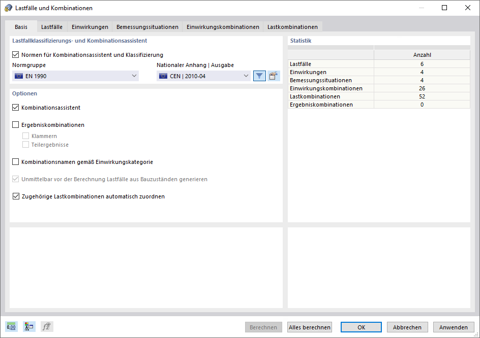 Dialog 'Lastfälle und Kombinationen', Register 'Basis'