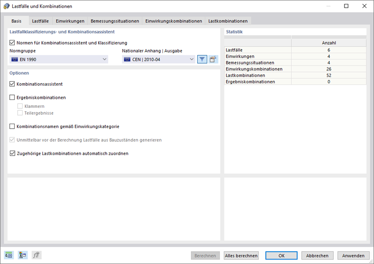 Dialog 'Lastfälle und Kombinationen', Register 'Basis'