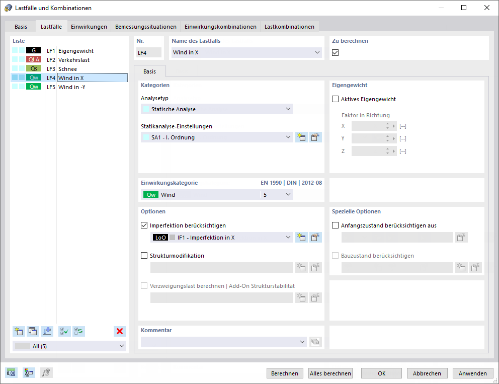 Dialog 'Lastfälle und Kombinationen', Register 'Lastfälle'