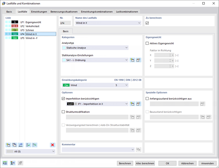 Dialog 'Lastfälle und Kombinationen', Register 'Lastfälle'