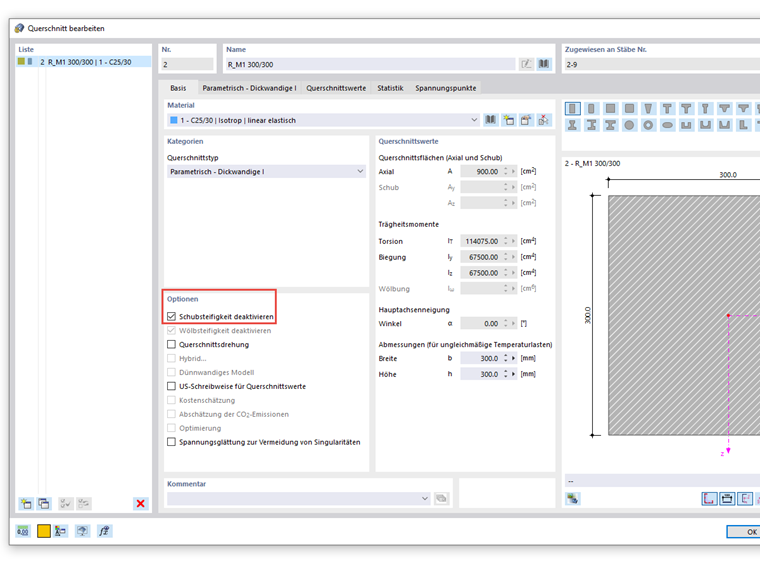 FAQ 005073 | Wie kann die Berücksichtigung der Schubsteifigkeit für die Berechnung für einen Querschnitt deaktiviert werden?