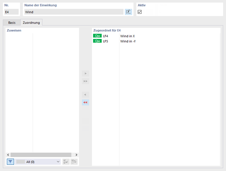 Einwirkung 'Wind' mit zugeordneten Lastfällen