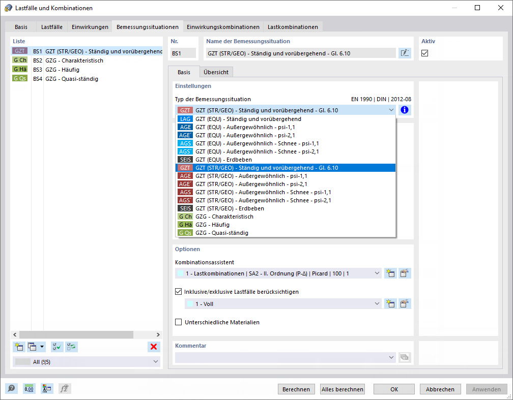 Dialog 'Lastfälle und Kombinationen', Register 'Bemessungssituationen'