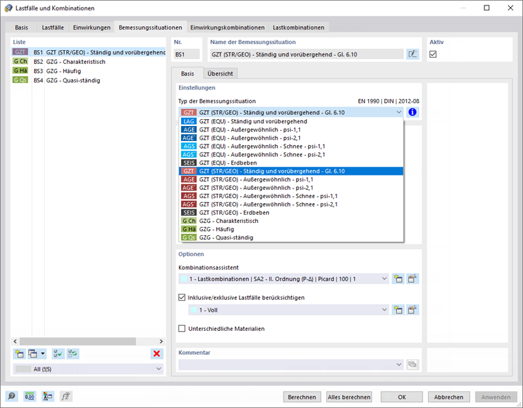 Dialog 'Lastfälle und Kombinationen', Register 'Bemessungssituationen'
