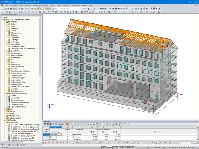 3D-Modell der Berufsschule in RFEM (© Eggers Tragwerksplanung GmbH)