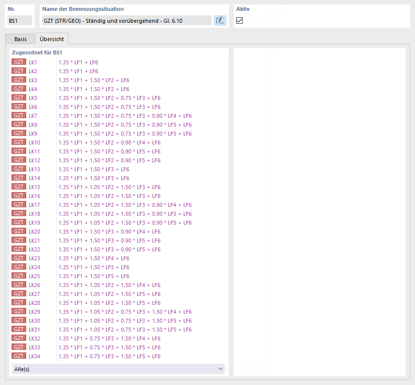 Übersicht über Lastkombinationen für Bemessungssituation