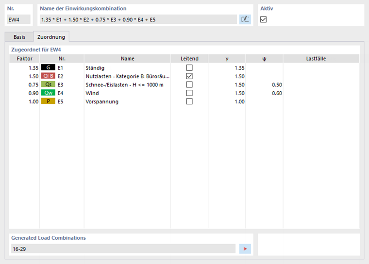 Zuordnung der Einwirkungen für Einwirkungskombination