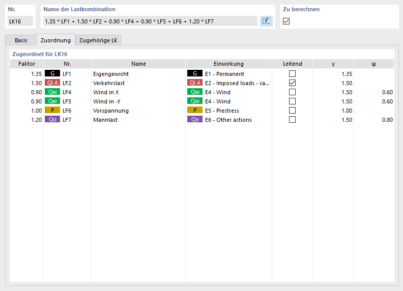 Zuordnung der Lastfälle für Lastkombination