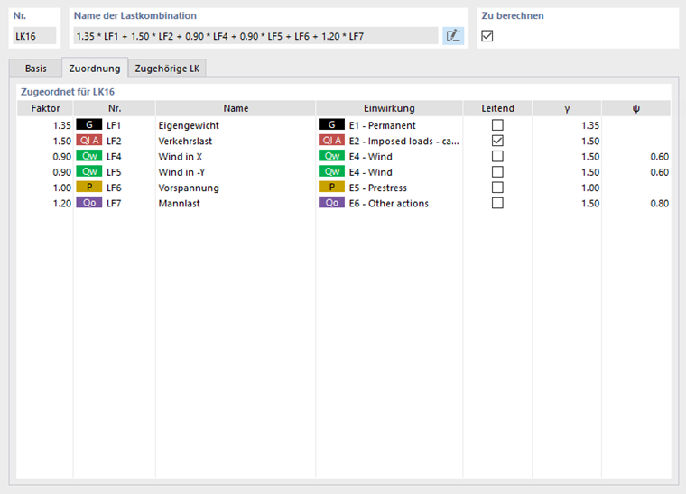 Zuordnung der Lastfälle für Lastkombination