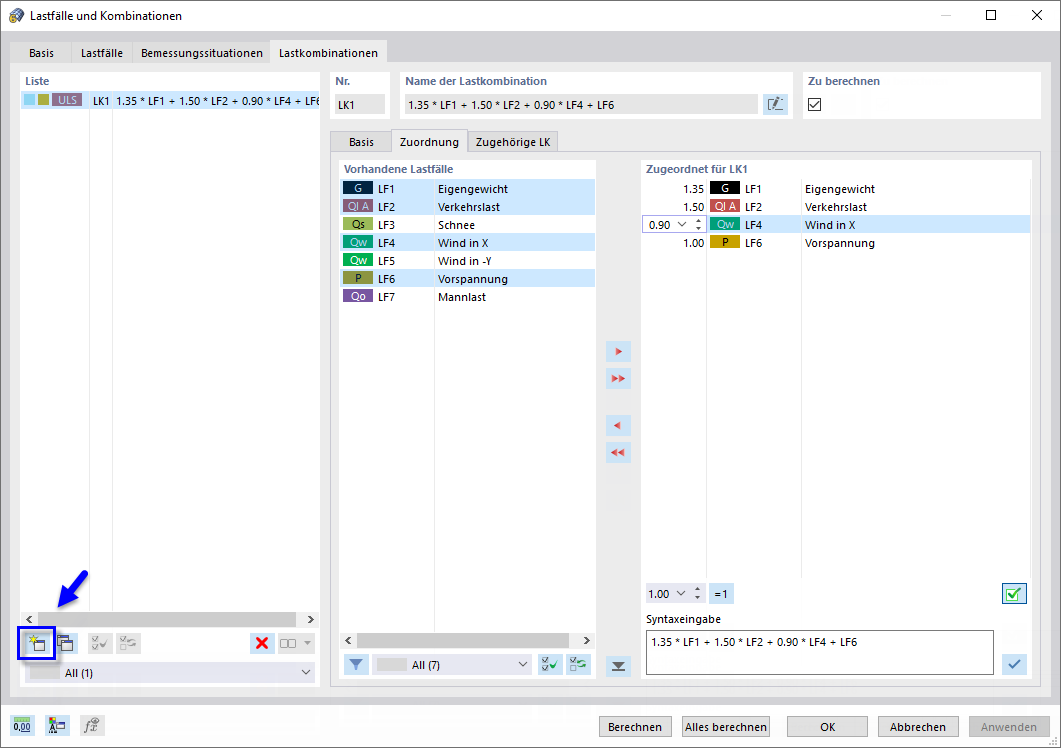 Lastkombination manuell definieren