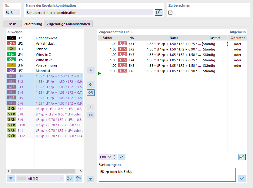 Ergebniskombination manuell definieren