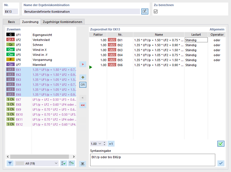 Ergebniskombination manuell definieren