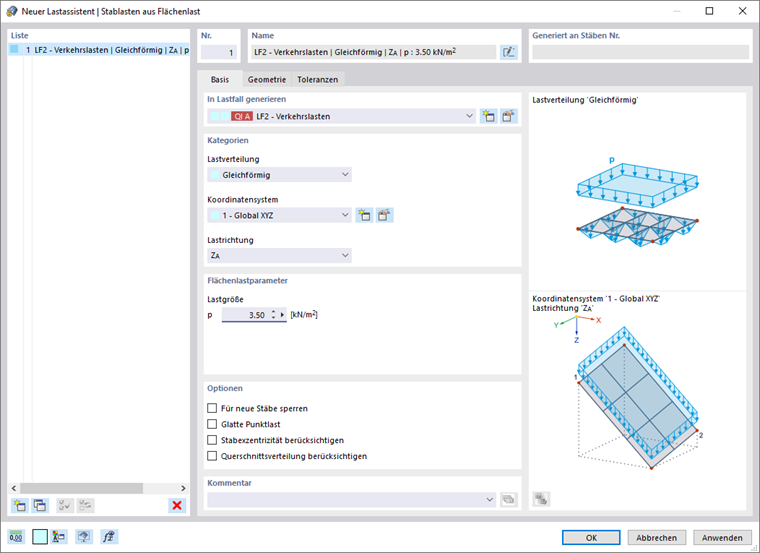 Dialog 'Neuer Lastassistent | Stablasten aus Flächenlast'