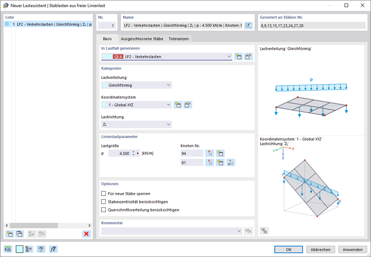 Dialog 'Neuer Lastassistent | Stablasten aus freier Linienlast'