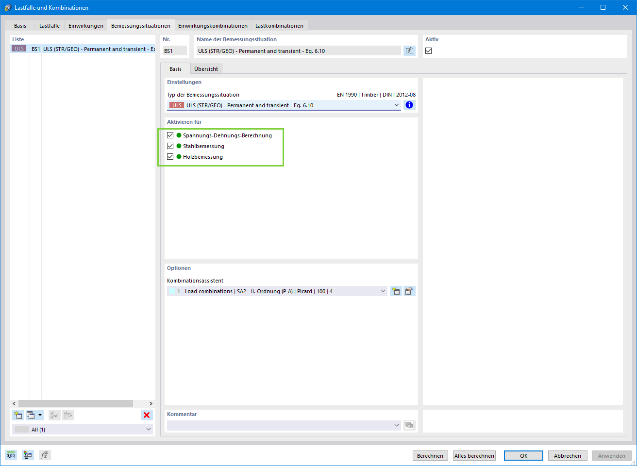 Bemessungssituation für die Bemessung verschiedener Materialien