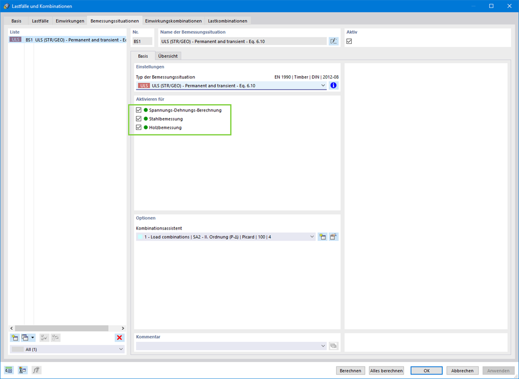 Bemessungssituation für die Bemessung verschiedener Materialien