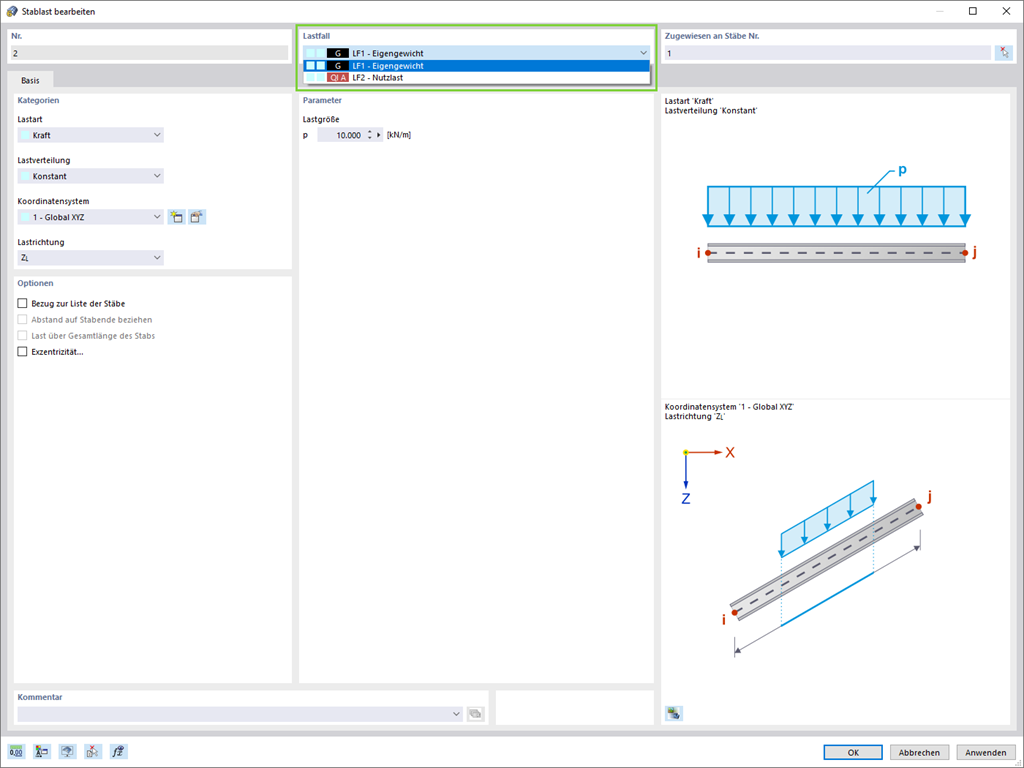 Änderung Lastfall für eine Stablast