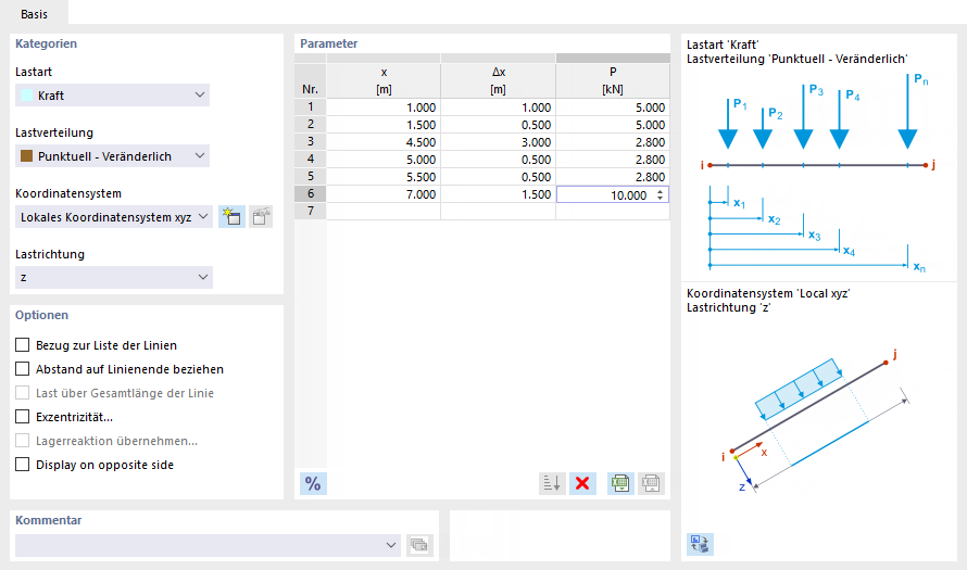 Punktuell veränderliche Linienlast definieren