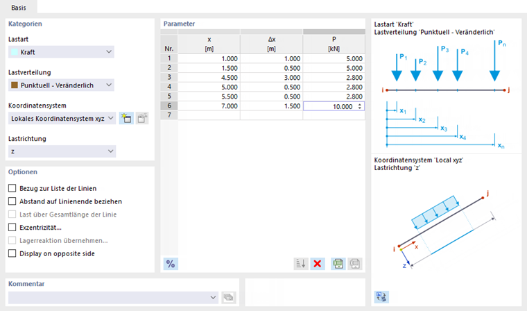 Punktuell veränderliche Linienlast definieren