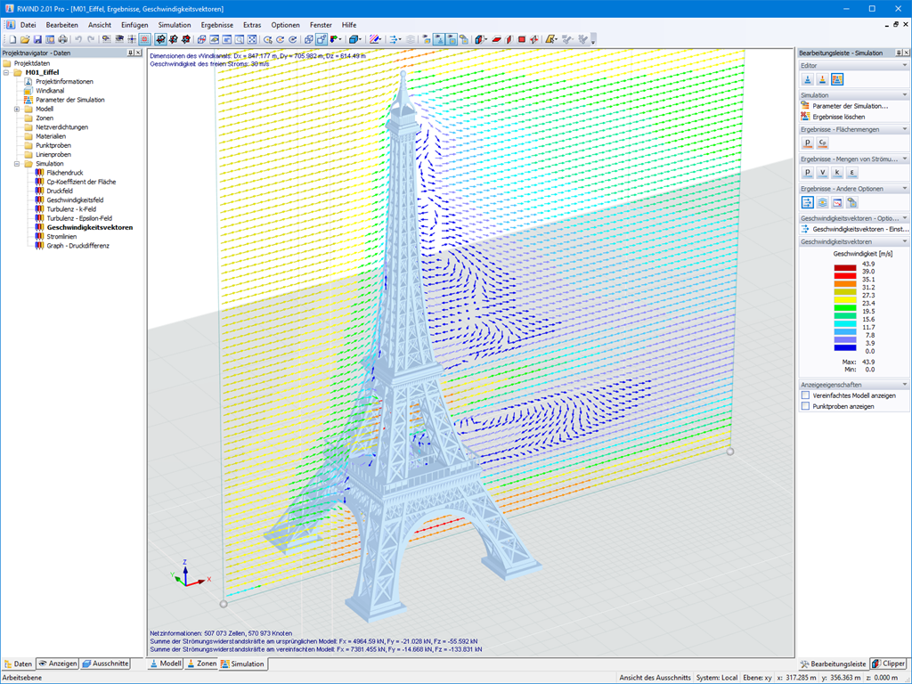 Geschwindigkeitsvektoren der Windströme in RWIND am Modell des Eiffelturms