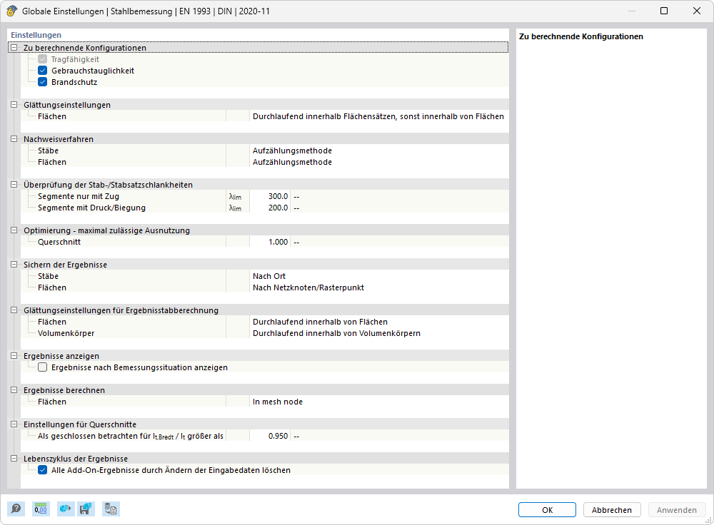 Dialog 'Globale Einstellungen' für Stahlbemessung nach EN 1993