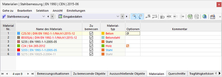 Tabelle 'Materialien' für Stahlbemessung mit farbiger Kennzeichnung der Einträge