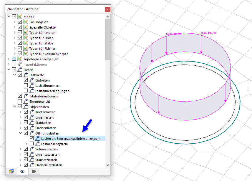 Option 'Öffnungslast an Begrenzungslinien anzeigen'