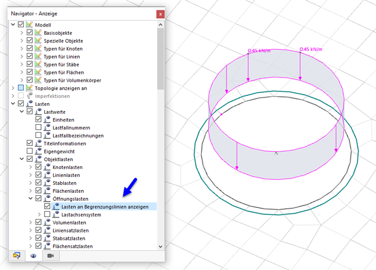 Option 'Öffnungslast an Begrenzungslinien anzeigen'