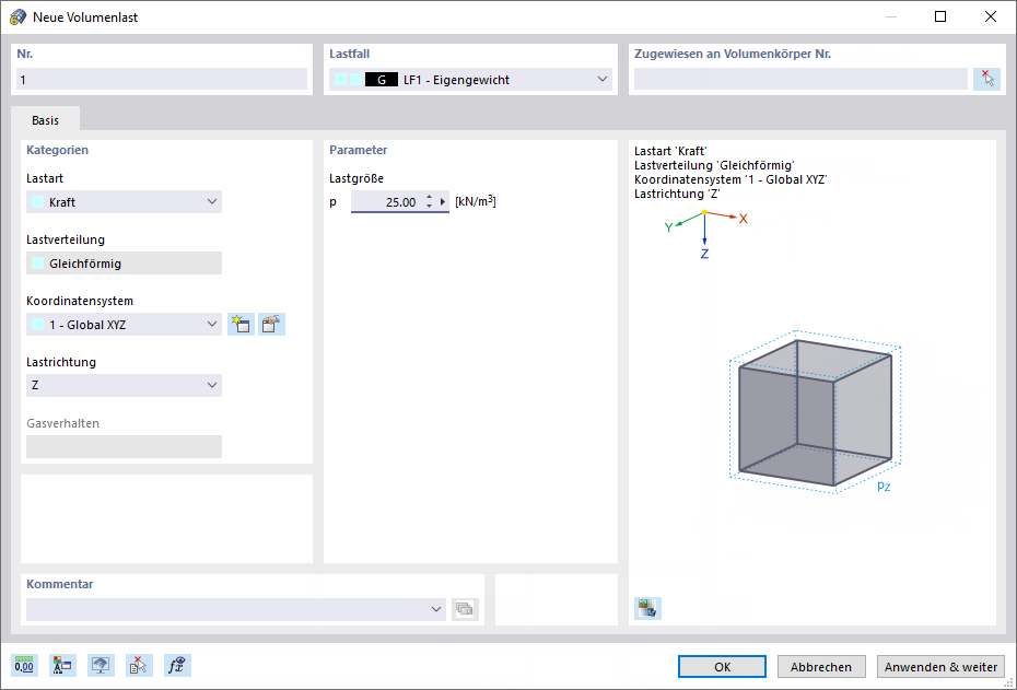 Dialog 'Neue Volumenlast'