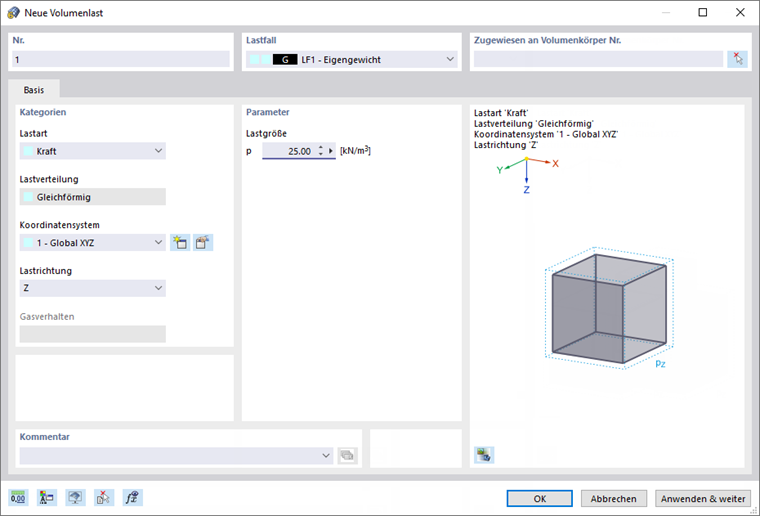 Dialog 'Neue Volumenlast'
