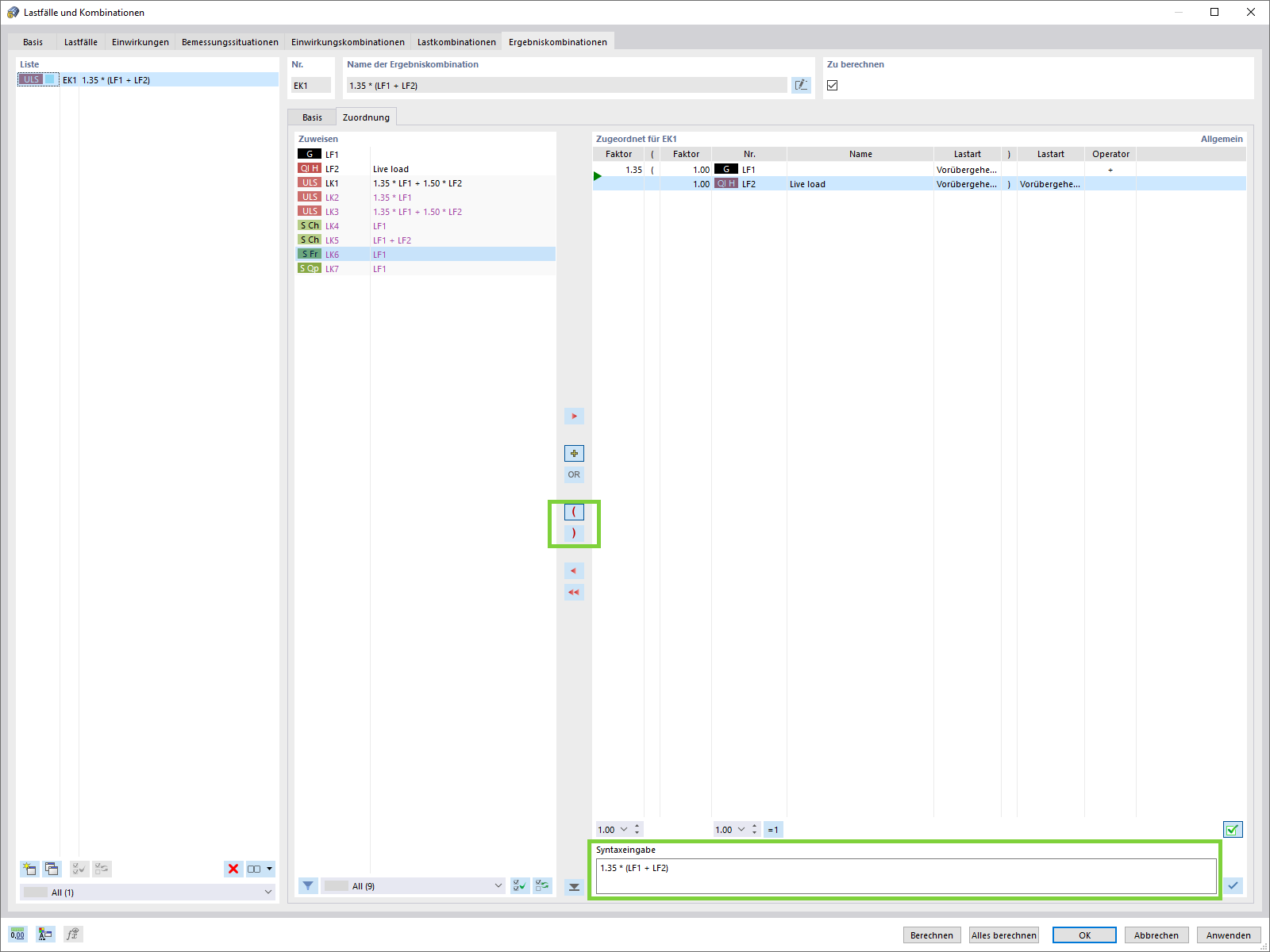 Ergebniskombinationen mit Klammer-Termen