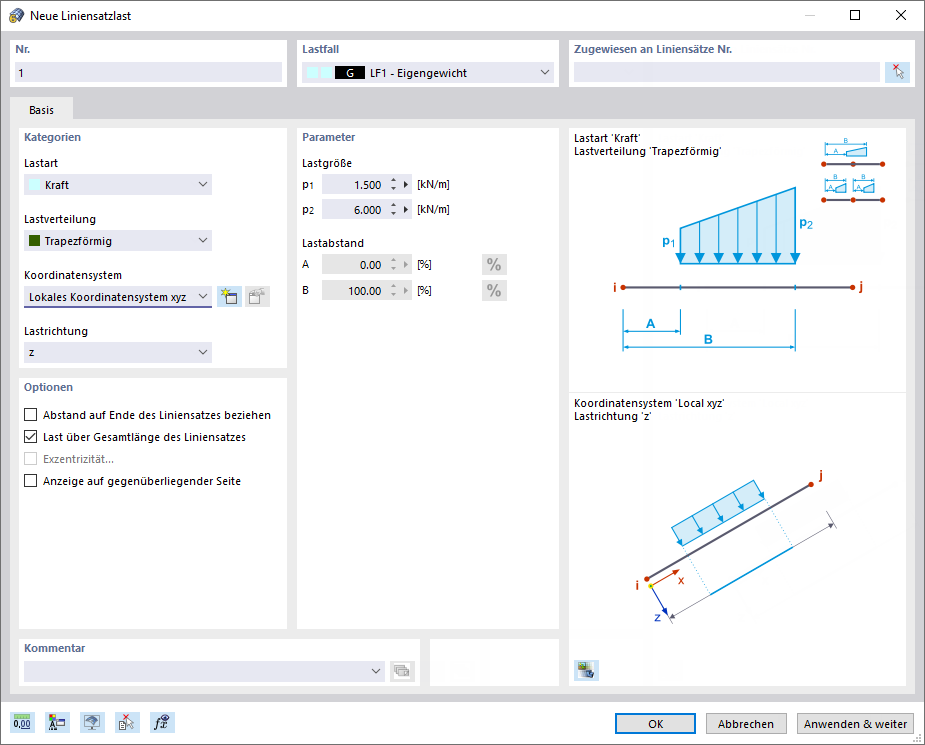 Dialog 'Neue Liniensatzlast'