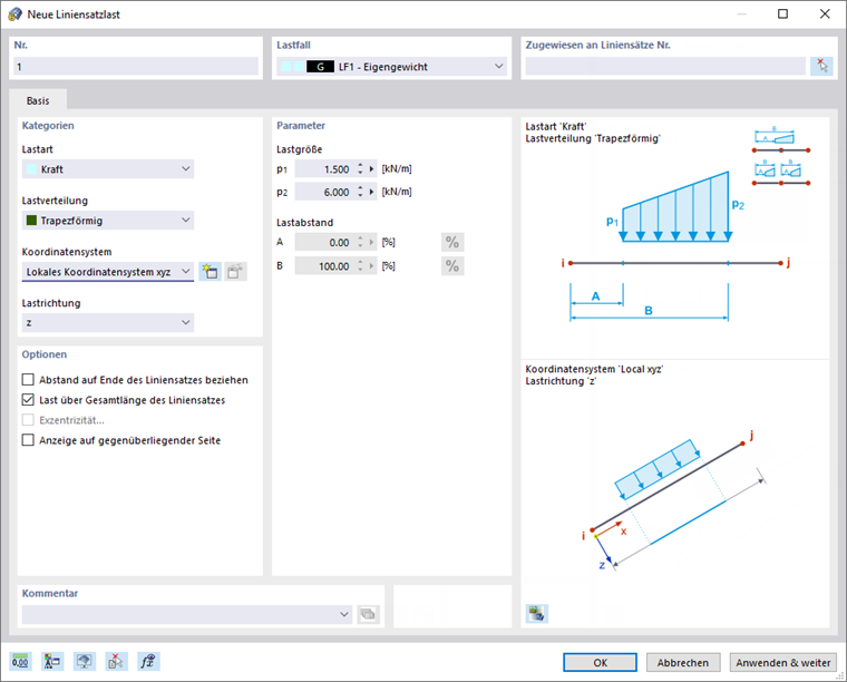 Dialog 'Neue Liniensatzlast'