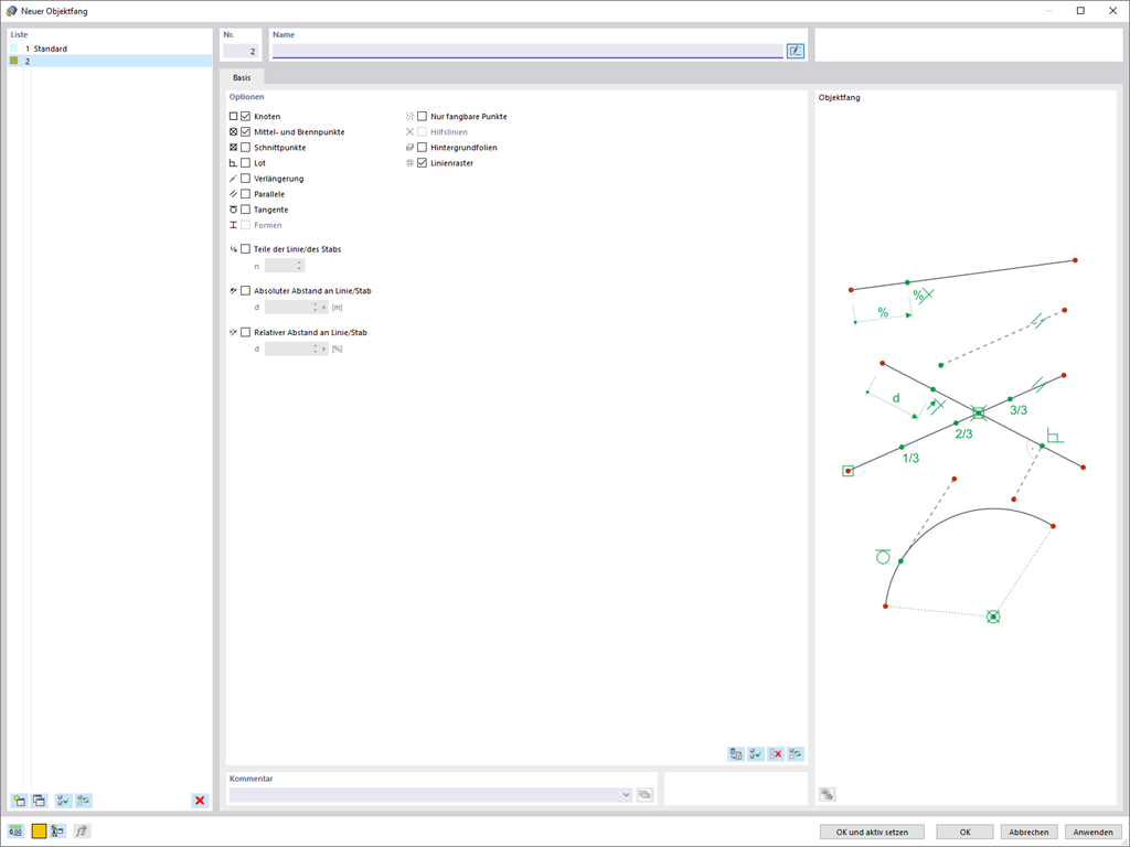 Neuer Objektfang Dialog