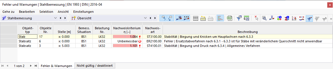 Ergebnistabelle Fehler & Warnungen in der Stahlbemessung