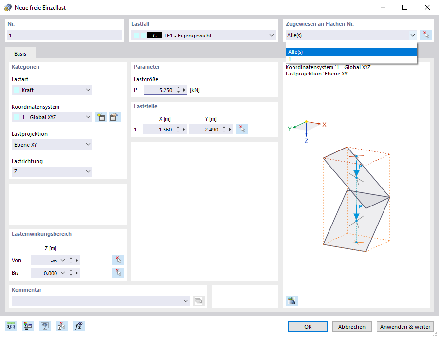 Dialog 'Neue freie Einzellast'
