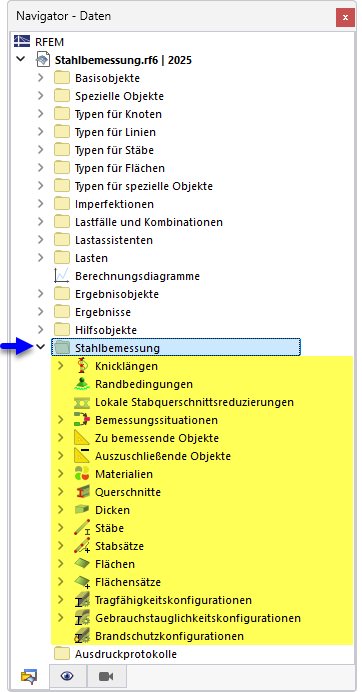 Kategorie 'Stahlbemessung' im Navigator - Daten
